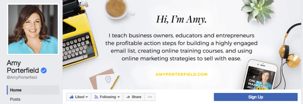 Amy Porterfield tiene una página comercial que presenta una foto de perfil profesional y una página de portada que destaca los productos y servicios que ofrece su empresa.