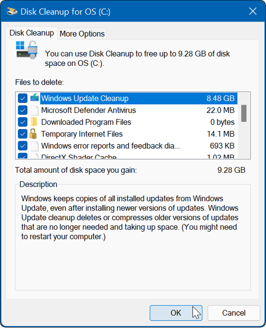 el resultado serán varios archivos temporales, incluido Windows Update Cleanup