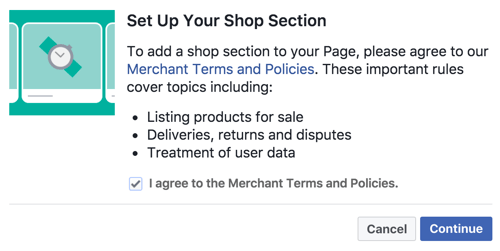 Acepte los términos y políticas del comerciante para configurar su sección de la tienda de Facebook.