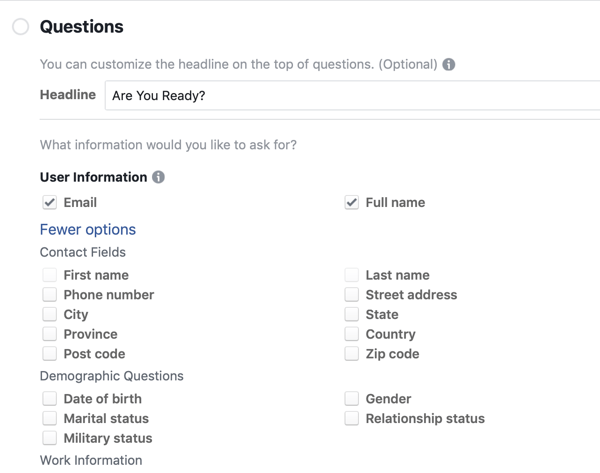 Opciones de preguntas para una campaña publicitaria de clientes potenciales de Facebook.