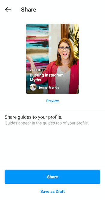 ejemplo crear ahora la guía de instagram compartir pantalla con vista previa en azul debajo de la imagen de portada, junto con las opciones del botón inferior de compartir y guardar como borrador