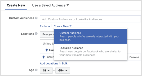 El administrador de anuncios de Facebook crea una audiencia personalizada durante la configuración de anuncios