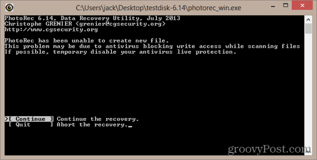PhotoRec no ha podido crear un nuevo archivo. Este problema puede deberse a que el antivirus bloquea el acceso de escritura al escanear archivos. Si es posible, deshabilite temporalmente la protección en vivo de su antivirus
