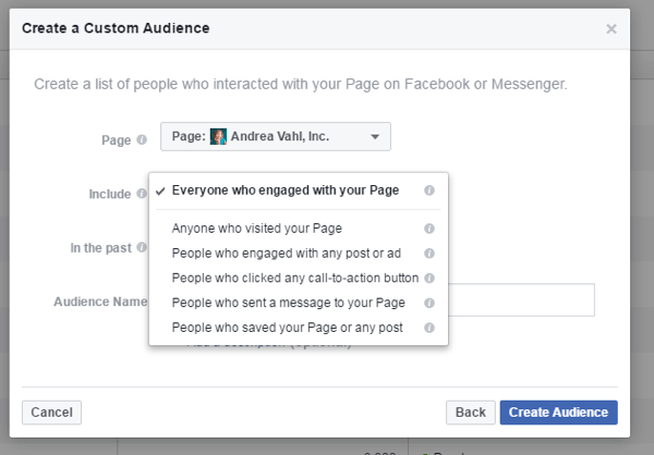 Cree una audiencia personalizada de personas que se han comprometido con usted a través de su página o Messenger.