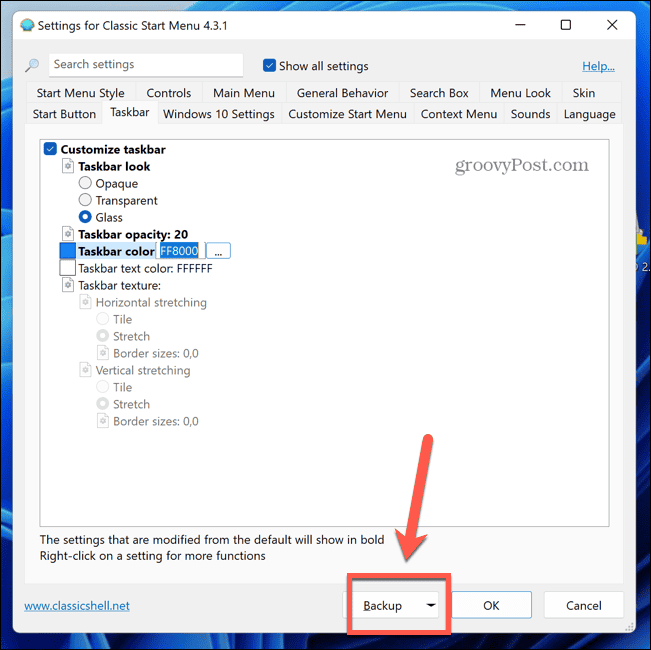 botón de copia de seguridad de shell clásico de Windows 11
