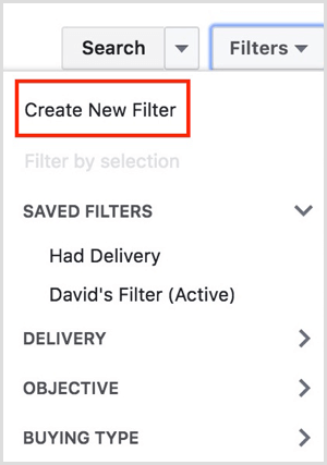 administrador de anuncios de facebook crear nuevo filtro