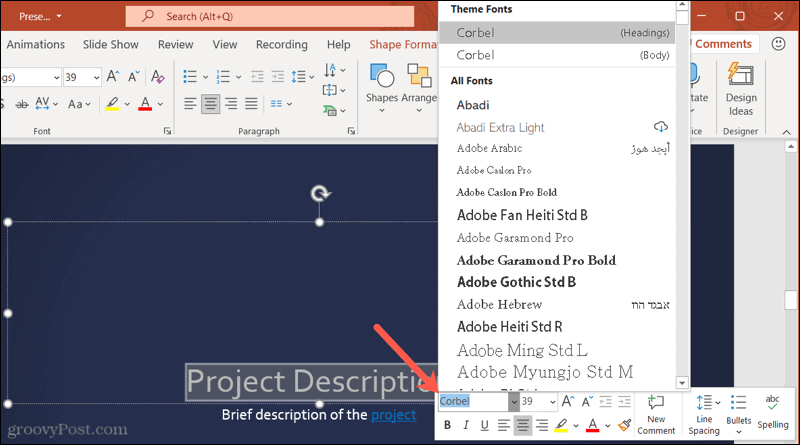 Fuentes en la barra de herramientas en PowerPoint en Windows