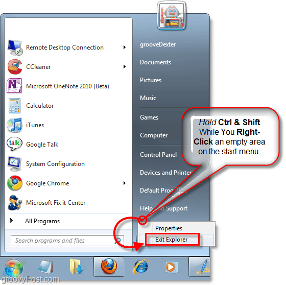 mantenga presionadas las teclas y haga clic derecho en el menú de inicio para salir del explorador en Windows 7