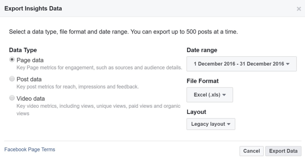 Elija el tipo de datos, rango, formato de archivo y diseño para sus datos de Facebook Insights.