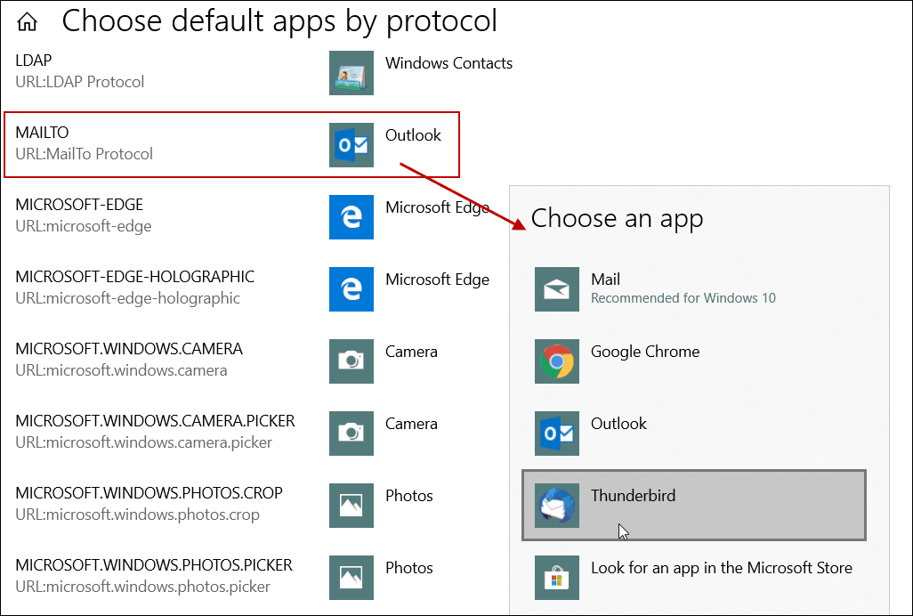 Establecer la aplicación de correo electrónico predeterminada mediante el protocolo de Windows 10