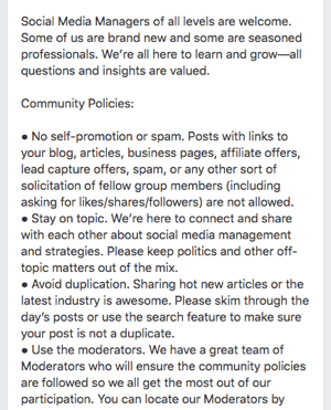 Aquí hay un ejemplo de las reglas de grupo de Facebook.