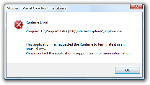 Internet Explorer 8 (IE8) Biblioteca de tiempo de ejecución de Microsoft Visual C ++: ¡Error de tiempo de ejecución!