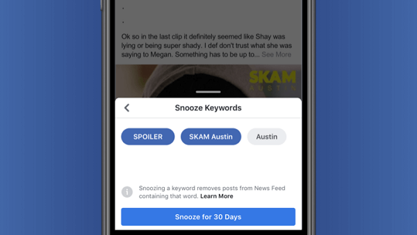 Facebook está probando Keyword Snooze, que ofrece a los usuarios la opción de ocultar temporalmente las publicaciones según el texto extraído directamente de la publicación.