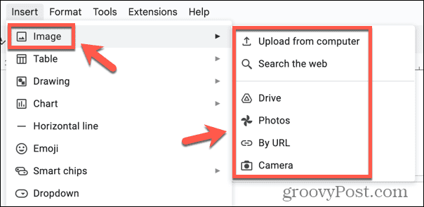 Opciones de inserción de imagen de Google Docs
