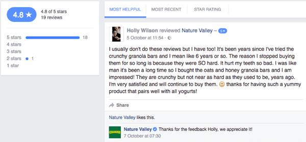 Un cliente de Nature Valley deja una reseña de un cliente en la página de Facebook de la empresa.