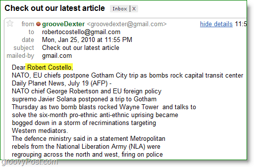 Captura de pantalla de Outlook 2010: un ejemplo de un correo electrónico masivo personalizado