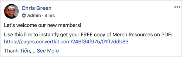 Esta publicación grupal de Facebook da la bienvenida a los nuevos miembros y les recuerda que deben descargar un PDF gratuito.