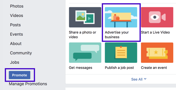 Puede configurar una promoción comercial local de Facebook desde la barra lateral izquierda o desde las opciones de publicación de la página.