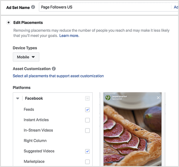 Las opciones del conjunto de anuncios de Facebook en la sección Ubicaciones incluyen Editar ubicaciones, Tipos de dispositivos y Plataformas.