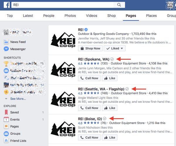 Las empresas locales verificadas en Facebook reciben una insignia de verificación gris junto a su nombre en los resultados de búsqueda y en su página.