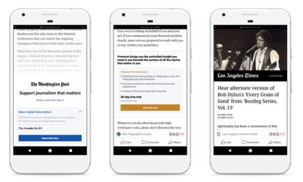 Facebook está probando modelos de suscripción y muro de pago para artículos instantáneos con un pequeño grupo de editores en Estados Unidos y Europa.