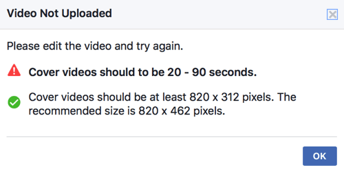 Si su video de portada aún no cumple con los estándares técnicos de Facebook, no podrá subirlo directamente como video de portada de su página.