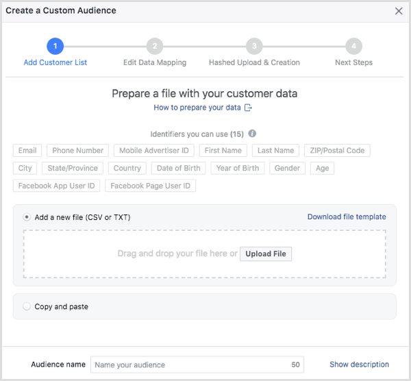 Elija el archivo de cliente que desea cargar en Facebook.
