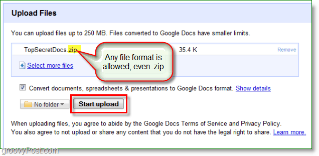 Captura de pantalla de Google Docs: subió un zip