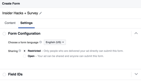 Puede seleccionar un idioma para su formulario de clientes potenciales de Facebook.