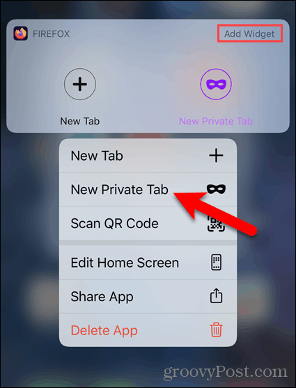Mantenga presionado el icono de Firefox y seleccione Nueva pestaña privada en iOS
