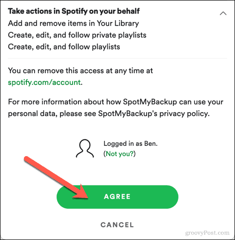 Aprobar el acceso de SpotMyBackup a Spotify