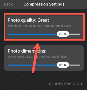 configuración de calidad de la aplicación comprimir fotos