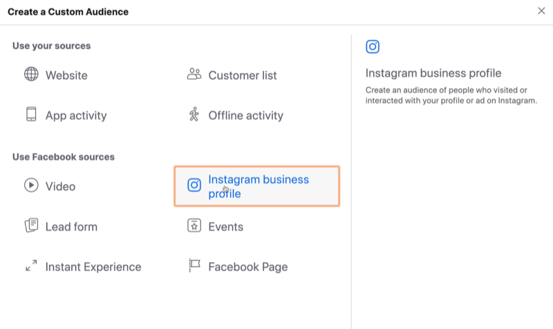 seleccione Instagram Business como fuente para la audiencia personalizada de Facebook