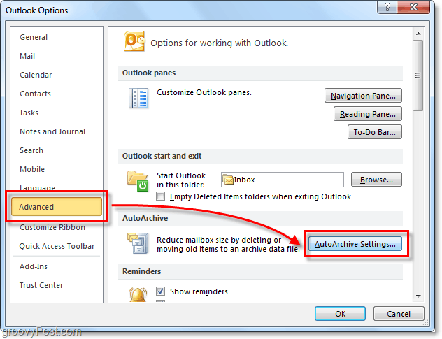 Avanzado> Configuración de autoarchivo en Outlook 2010