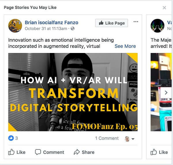 Facebook recomienda "Historias de páginas que te pueden gustar" entre las publicaciones de tu sección de noticias.