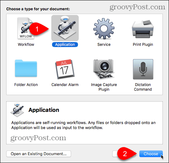 Elija el tipo de aplicación en Automator para Mac
