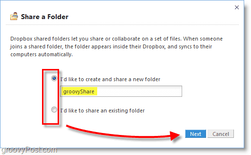 Captura de pantalla de Dropbox: crea una nueva carpeta compartida de Dropbox