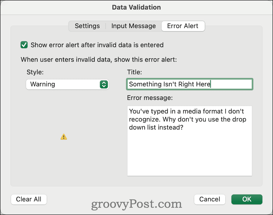 Cambiar la alerta de error en la validación de datos