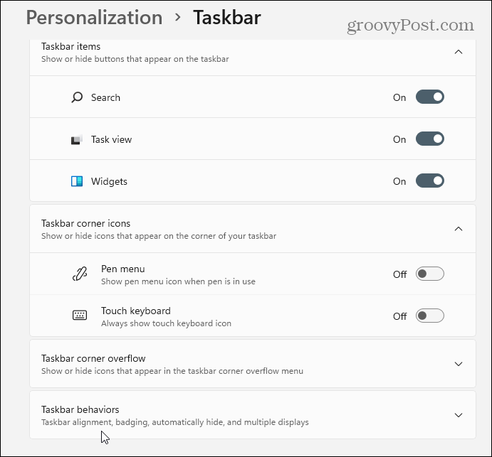 Configuración de comportamientos de la barra de tareas Windows 11