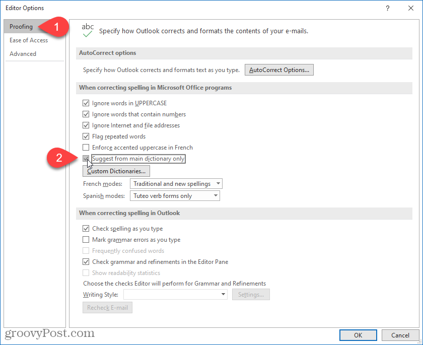 Habilitar Sugerir desde el diccionario principal solo en Outlook