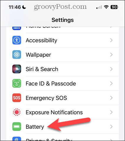 Toque Batería en la pantalla de configuración del iPhone