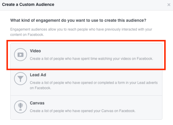 Seleccione Video para su audiencia de videos personalizados de Facebook.