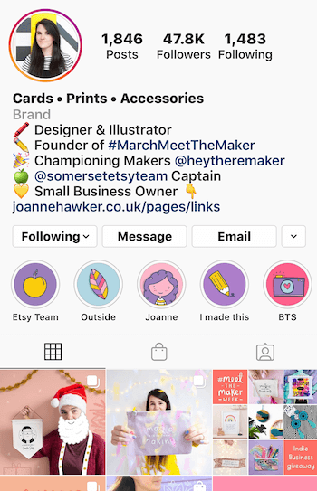 ejemplo de la biografía de una cuenta comercial de Instagram con emojis