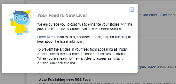 Facebook notificación de alimentación de artículos instantáneos