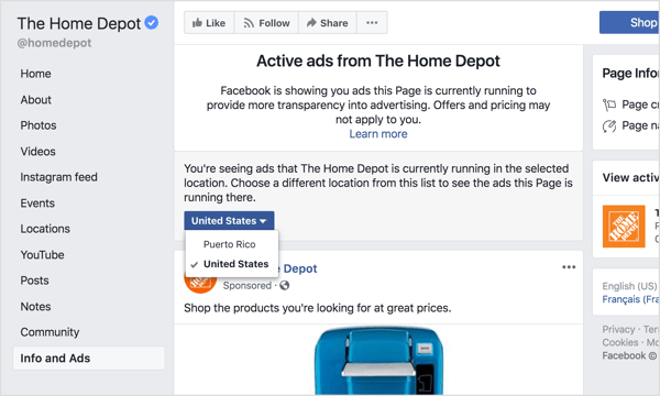 Seleccione una región del menú desplegable para ver todos los anuncios que la página de Facebook se está ejecutando actualmente, ya sea a nivel mundial o en un país específico.