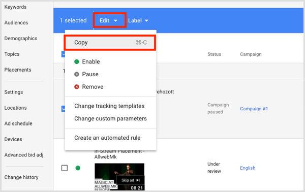 Google Adwords copiar y pegar grupos de anuncios