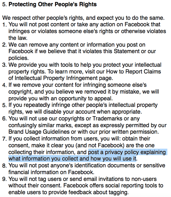 Términos de Facebook que describen el requisito de la política de privacidad.