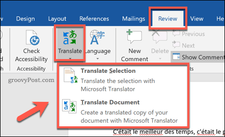 Opciones para traducir un documento de Word