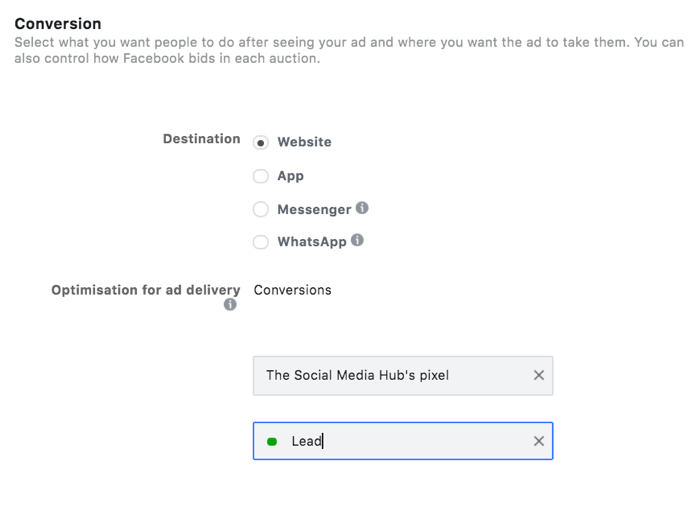 opción para seleccionar un evento principal para la optimización de su objetivo de conversión en el administrador de anuncios de Facebook