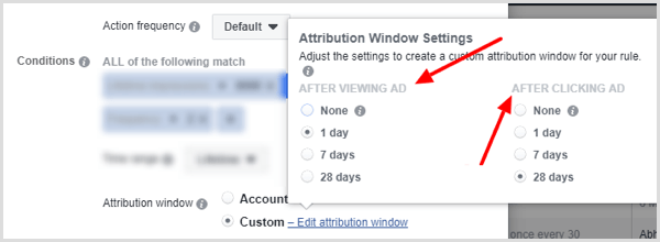 Opciones de configuración de la ventana de atribución al configurar la condición para la regla de Facebook